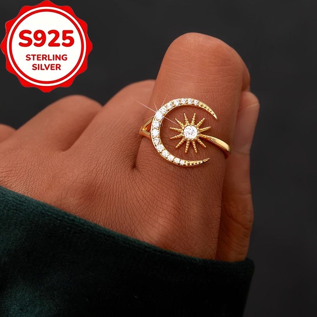 Women's Adjustable S925 Silver Moon Sun Crescent Open Ring